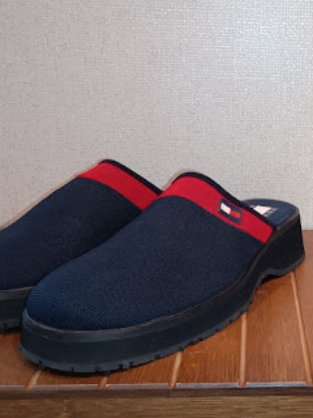 VTG Tommy Hilfiger Sz 8.5M Clogs Mules Slides Chunky Platform Navy Blue Red Y2K